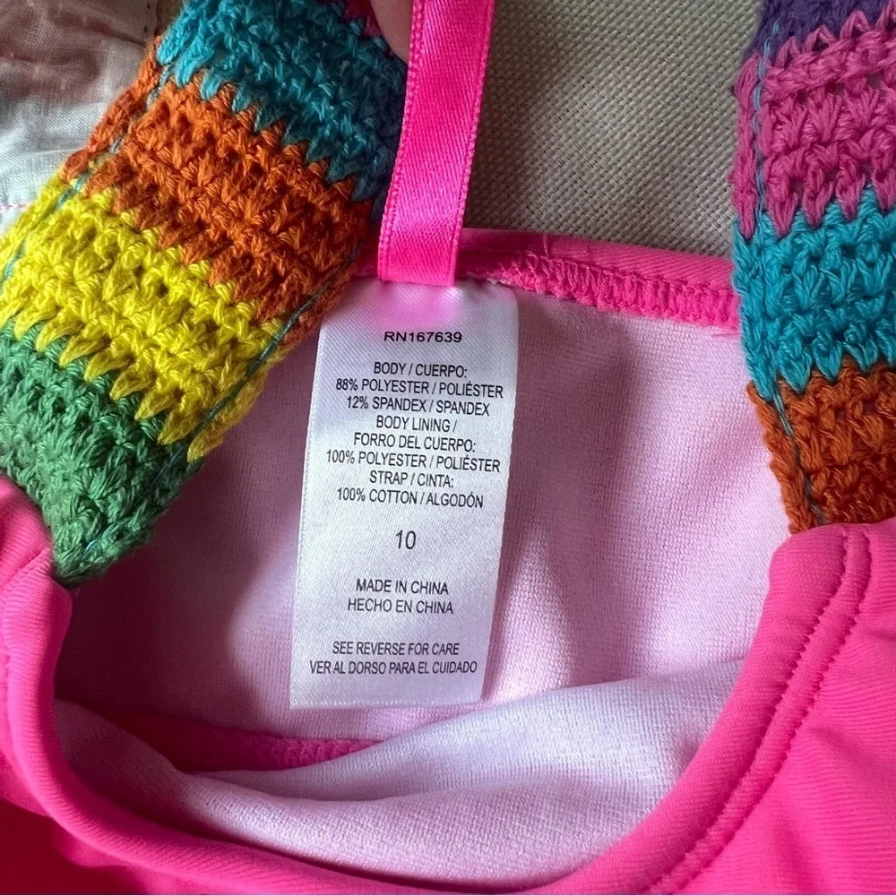 NWT Betsey Johnson Girls Swimsuit 2 Piece Size 10 Pink / Rainbow Ruffles